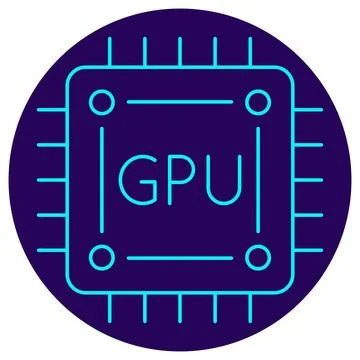 GPU Chip Icon. Minimalistic neon outline on a dark blue round background Stock Illustration