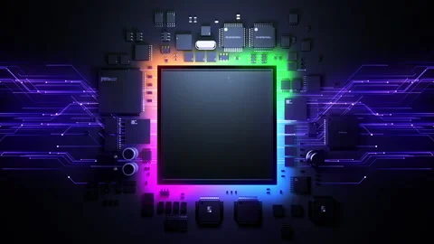 GPU chip on a PCB with contoured multicolor backlighting. microelectronics te 스톡 동영상 228606970
