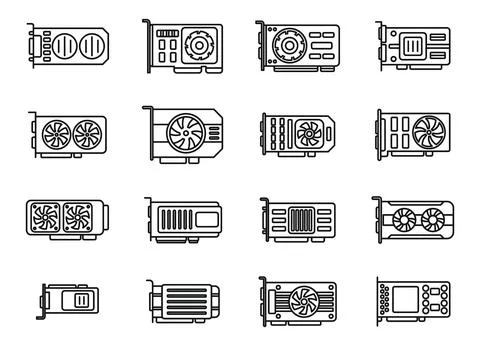GPU graphic card icons set outline vector. Hard ware 스톡 일러스트