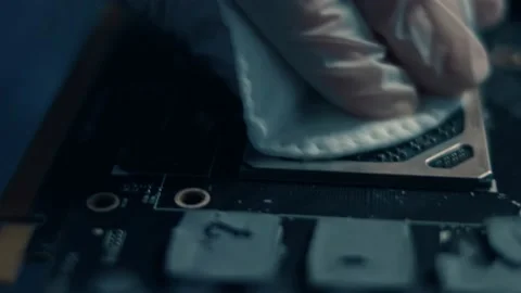 GPU Graphic card. Macro view of technician's hand cleaning the dirt of the chip Stock Footage 145777183