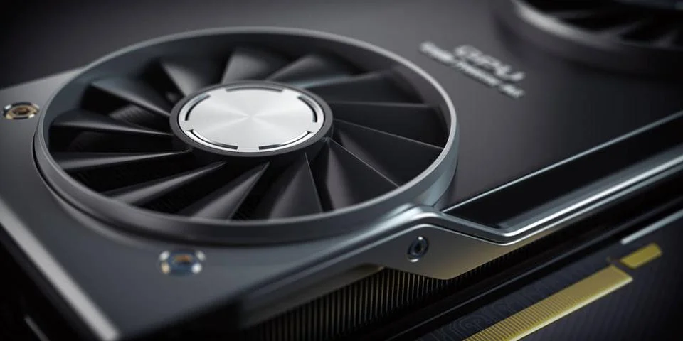 GPU Graphics card cooler close up. Modern gaming graphics processing unit.... Stock Photos