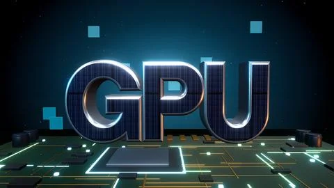 GPU Graphics Processor 3D Text with Microchips on a Circuit Board Stock Illustration