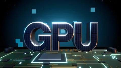 GPU Graphics Processor 3D Text with Microchips on a Circuit Board Stock Illustration