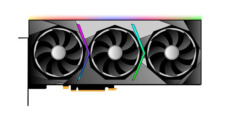 GPU icon. GPU with RGB backlight. Graphics processing unit with three fans. Stockillustratie