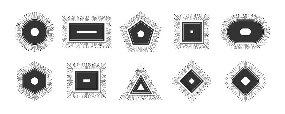 GPU icon set. Microchip different forms, NPU laptop hardware. Digital data ce Stock Illustration