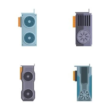 Gpu icons set cartoon vector. Computer graphic card with cooling fan Stock Illustration