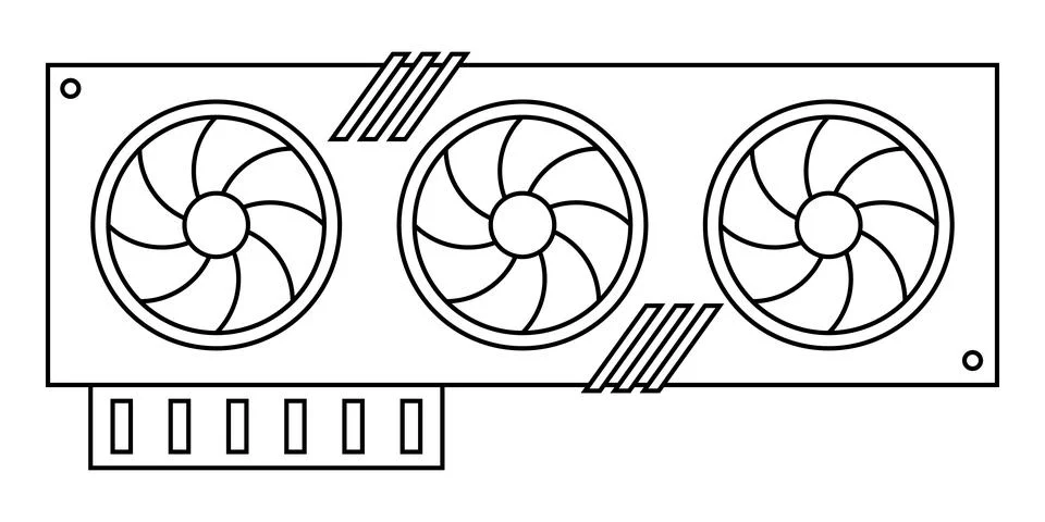 GPU line icon. Modern Graphic Processing Unit with three fans. Stock Illustration