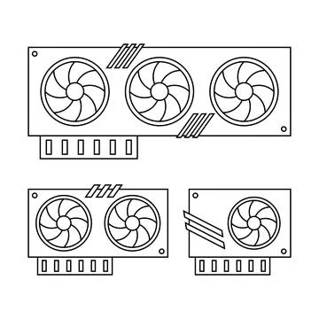 GPU line icon set. Modern Graphics Processing Unit with fans Stock Illustration