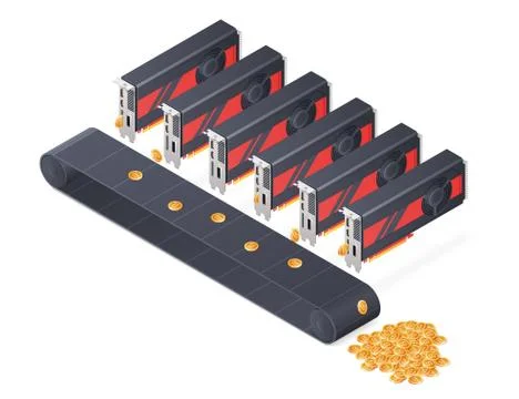 GPU mining Bitcoin concept. Isometric vector illustration Stock Illustration