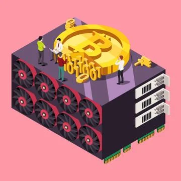 GPU mining Bitcoin concept. Isometric vector illustration 스톡 일러스트