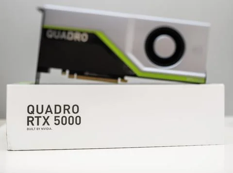 GPU Nvidia Quadro RTX 5000 video gpu card on the cardboard package Stockfoto's