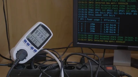 Gpu rig power consumption of crypto currency mining rig connected to power me Video stock 102471462