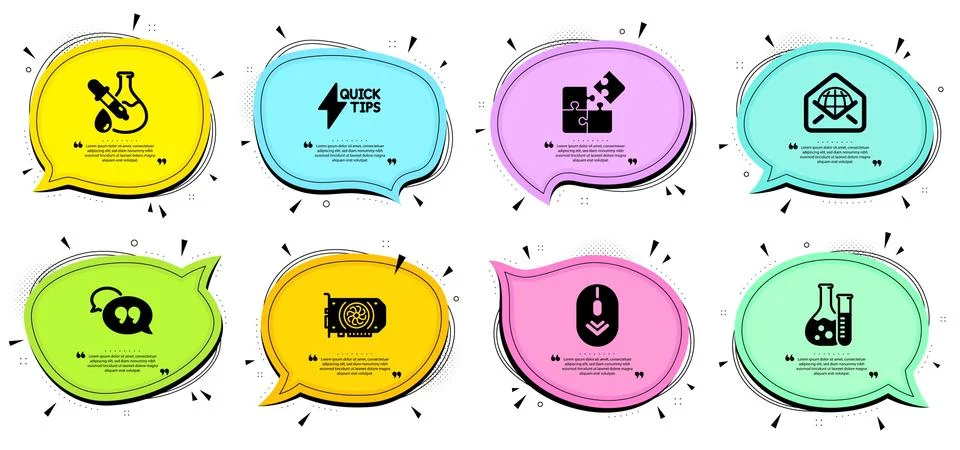 Gpu, Scroll down and Chemistry experiment icons set. Puzzle, Web mail and Illustrazione stock