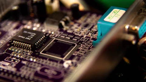 GPU semiconductor electronic board structure. Microchips on an electronic board Stock Footage 154764056