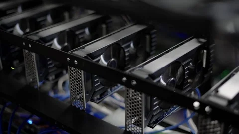 GPU Video Graphics Card mining. Industrial mining farm for bitcoin and Stock Footage 94762425