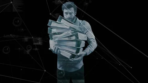 Grabbing stack of binders, man balancing adjusting stance and folders with Stock Footage 316624906