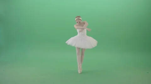 Graceful Ballerina dance classic ballet art in white dress on green screen Stock Footage