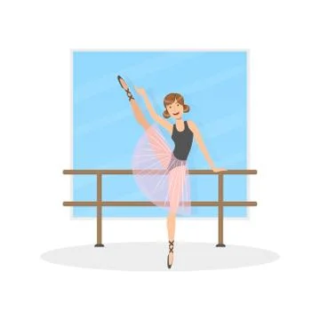 Graceful Ballerina Dancer Doing Exercises at Barre in Dance Hall Vector Illustrazione stock