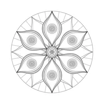 A graceful circular botanical composition features six sweeping petals and .. Stock Illustration