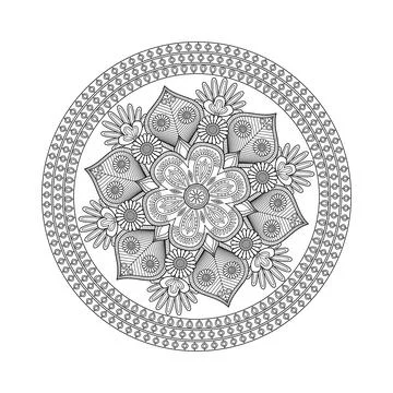 A graceful circular flower design features layered leaves, daisy-like bloom.. Stock-Illustration