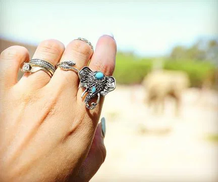 Graceful female hand with a ring in the shape of an elephant reaches for nature Stock Photos