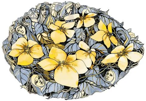Graceful flower composition with female faces. Yellow and gray colors Stock Illustration