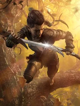 Graceful forest elf warrior jumps through the trees in the autumn sunset fore Illustration