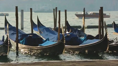 Graceful gondolas rock on the waves in the rays of the sunset, Venice Stock Footage 76838970