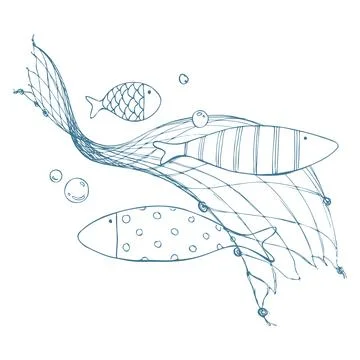 A graceful group of fish with bubbles flowing over a fine fishing net, airy and Stock Illustration