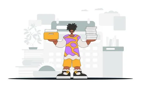 A graceful man holds stacks of documents in his hands. Graphic illustration.. Stock Illustration