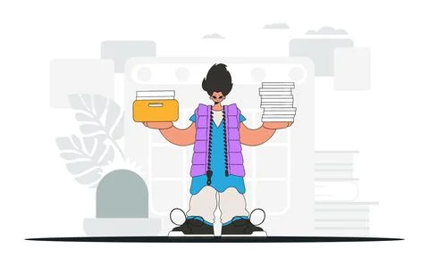A graceful man holds stacks of documents in his hands. An illustration demo.. Stock Illustration