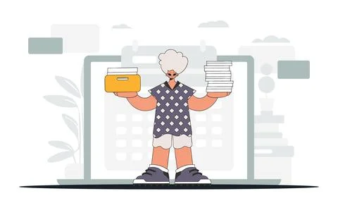 A graceful man holds stacks of documents in his hands. An illustration demo.. Stock Illustration