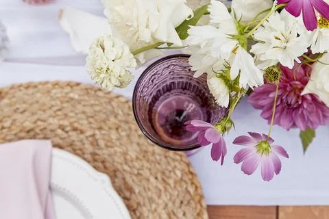 Graceful table setup, artfully arranged flowers. A wedding imbued with the Stock Photos