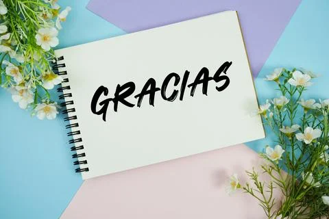Gracias text written on notepad with flowers decorations flat lay on multic.. Stock Photos