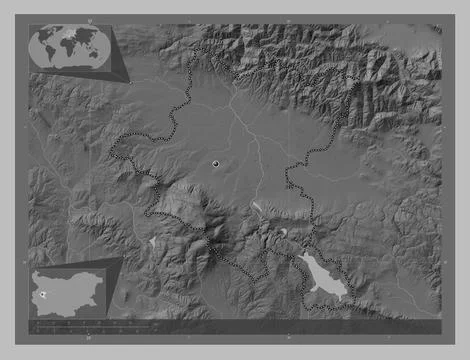 Grad Sofiya, Bulgaria. Grayscale elevation map with lakes and rivers Stock Illustration