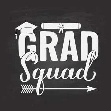 Grad squad calligraphy hand lettering with academic cap on chalkboard backg.. 스톡 일러스트
