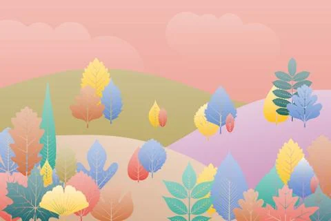 Gradation landscape fantasy background. Fall trees and leaves. Autumn forest Stock Illustration