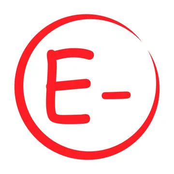 Grade result E minus. Hand drawn icon in red color. Test exam mark report vec Stock Illustration