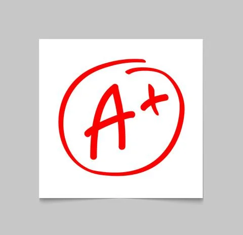 Grade result A plus. Hand drawn vector grade A plus in red circle. Test exam Stock Illustration