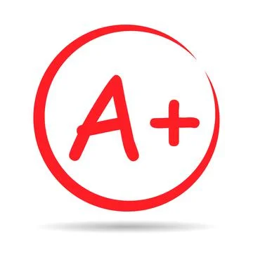 Grade result A plus with shadow. Hand drawn icon in red color. Test exam mark Stock Illustration