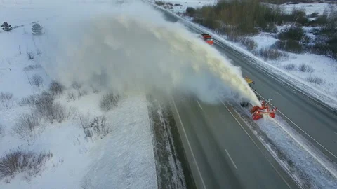 Grader clean remove snow, snowplow, snow blower, blast snowfall, winter, road Stock Footage 85684937