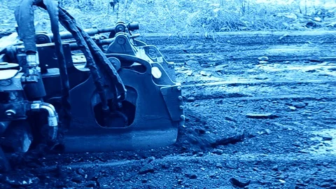 Grader Cuts Asphalt On Road On Side View In Blue Tones In Time Back Stock Footage 91973917