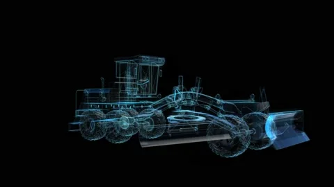 Grader polygonal line model. Tractor in motion, lines and points connected to 3d Video stock 146353468