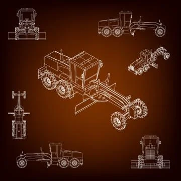 Grader, road scraper. Construction machinery. Parallel projection. Perspectiv Stock Illustration