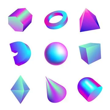 Gradient 3D shapes. Abstract geometric figures. Iridescent render blocks. Glossy 스톡 일러스트