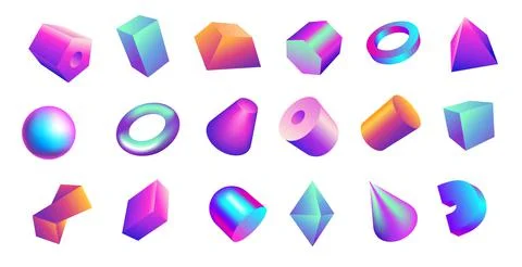Gradient 3D shapes. Bright gradient geometric figures. Iridescent sphere Stock Illustration
