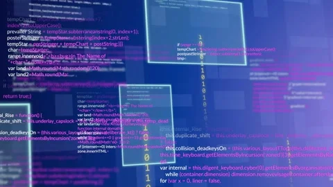 Gradient appearing, UI windows emerging and drifting, code and binary cascading, Stock Footage 334744409