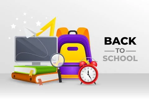 Gradient back to school background with backpack and pc Stock Illustration