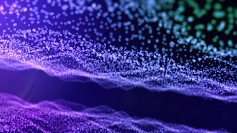 Gradient blue backdrop of oscillating luminous particles forming waves. Stock Footage 113819366