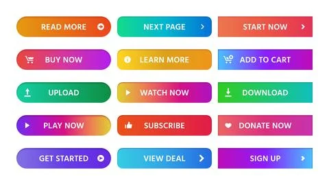 Gradient buttons. Rectangular next page button, read more and add to cart i.. Stock Illustration